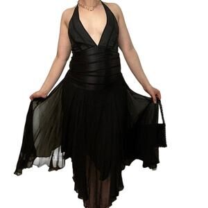 Vintage 90s 100% Silk Flowy Black Halter Top Tiered Midi Dress Formal Black Tie